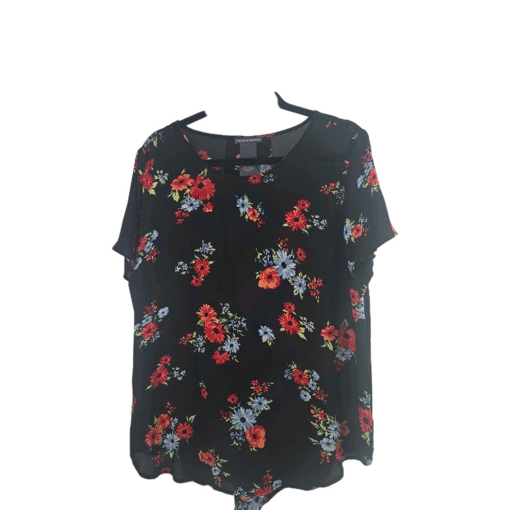Chelsea & Theodore XL Black Floral Chiffon Short Sleeve Blouse Top
